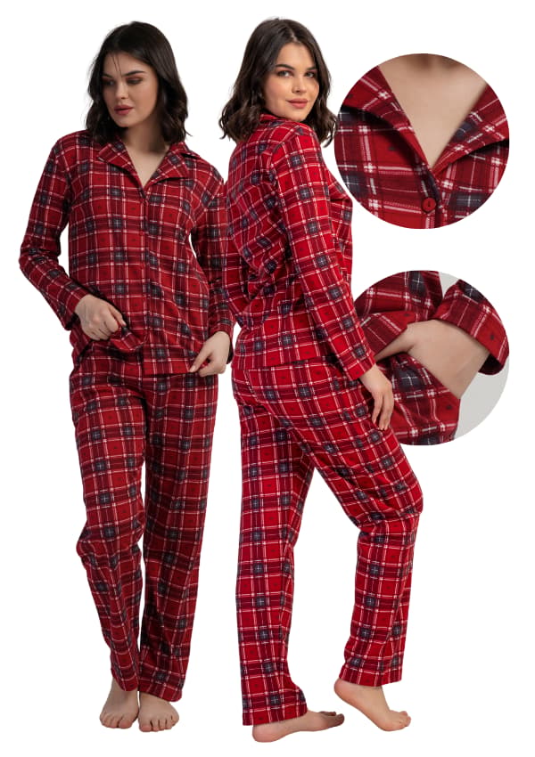 Dampyjamas i bomull, långbyxor, krage, XL Vienetta, knäppt