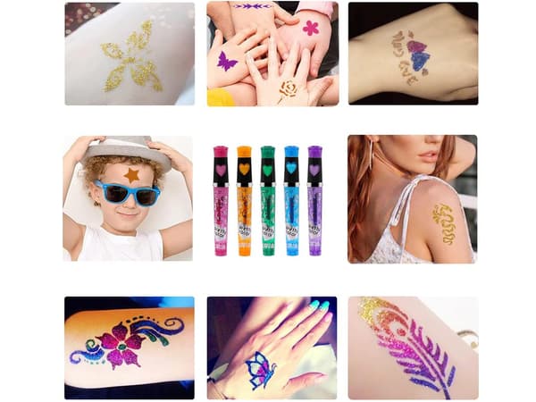 Glitter-tatuointipakkaus, glitter-tatuointisapluunat, tarrat