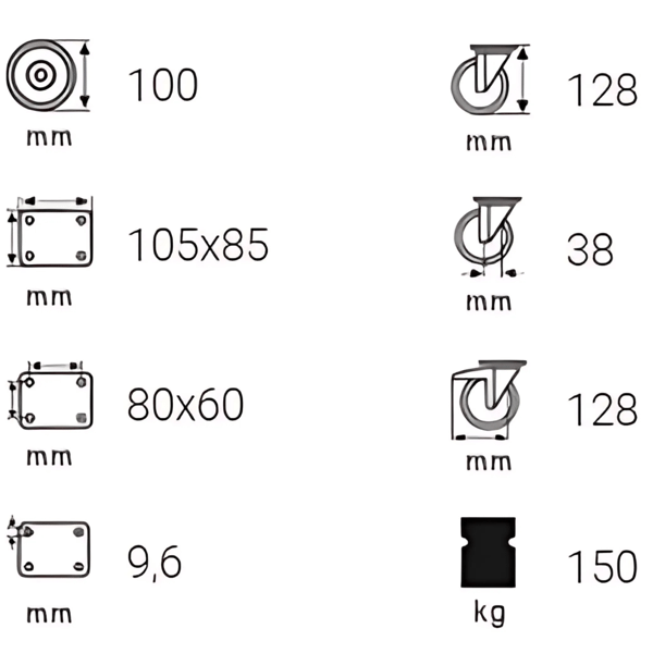 Svänghjul, hjulsats, broms, 100 mm, 150 kg, bppf, 1001, Performa