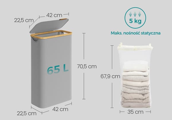 Harmaa pyykkikori kannella 65 L