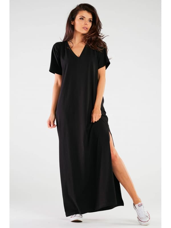 Oversized kimono maxikjole i bomuldsstrik, sort L/XL