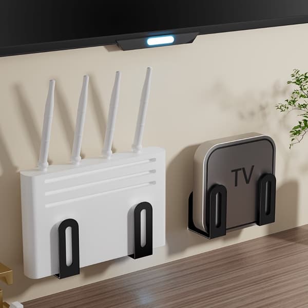 2x Väggfäste för router, dekoder, wifi-modem + monteringslim (svart)