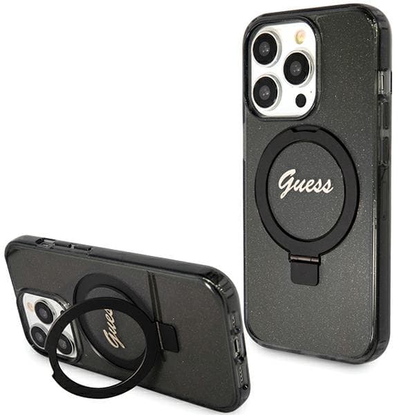 Guess Ring Stand Script Glitter MagSafe-etui til iPhone 15 Pro, sort