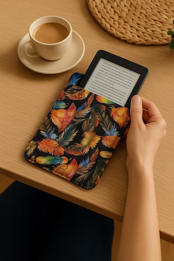 Arco Design 6-7" e-bogsetui - EcoFilc, Plume-print, grå, passer til Kindle / PocketBook