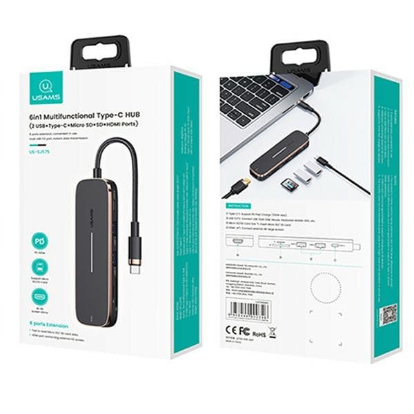 USAMS HUB-adapter 2xUSB + USB-C + HDMI + Micro SD + SD svart