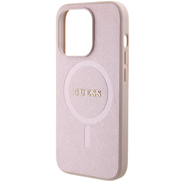 Guess Saffiano MagSafe-etui til iPhone 15 Pro, lyserød