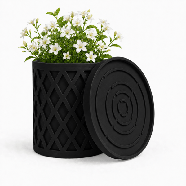 Sort urtepotte med geometrisk plantedæksel