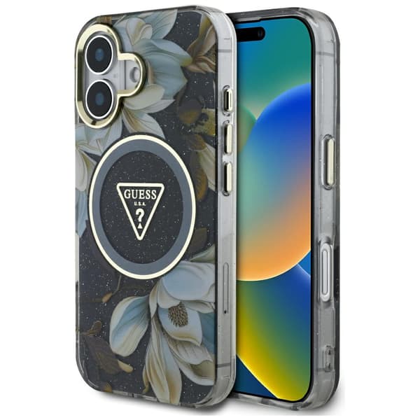 Guess Glitter Flowers Triangle Buttons MagSafe-etui til iPhone 16, sort