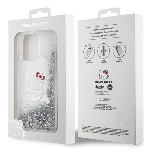 Hello Kitty Liquid Glitter Charms Kitty Head cover til iPhone 15 Pro Max, sølv/sølv