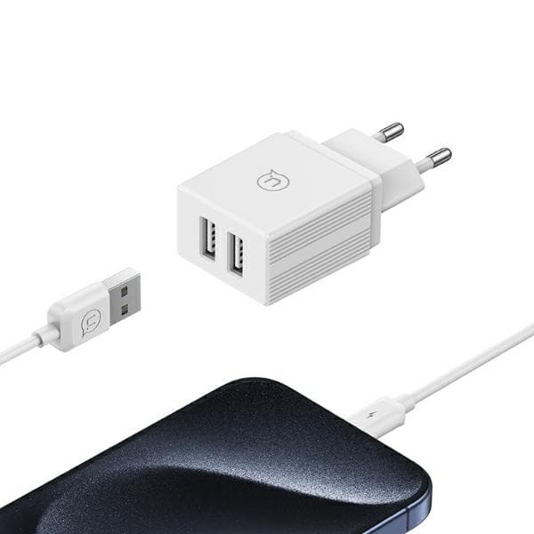 USAMS 2xUSB 18W vægoplader + Lightning/USB-A hurtigopladerkabel hvid
