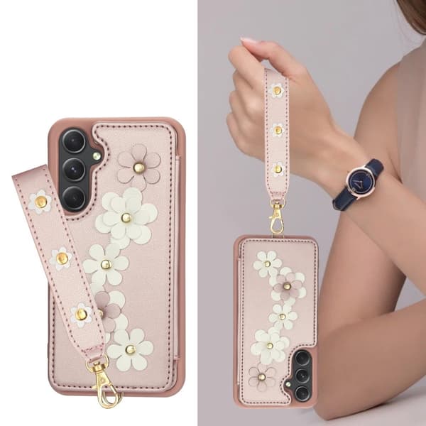 Etui til Samsung Galaxy S23 FE, Læder Blomsterkortholder, Lyserød