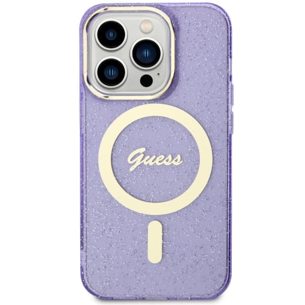 Guess Glitter Gold MagSafe-etui til iPhone 14 Pro Max, lilla
