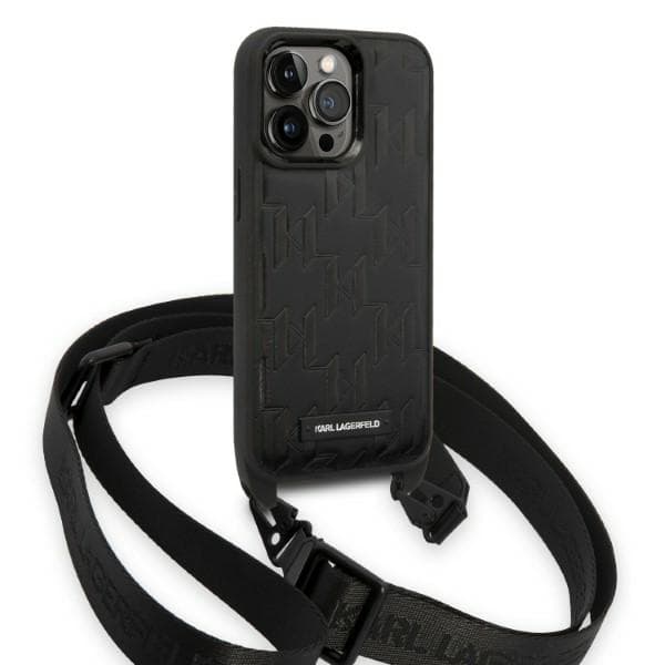 Karl Lagerfeld Monogrammi Plaque Logo Strap -kotelo iPhone 14 Prolle, musta