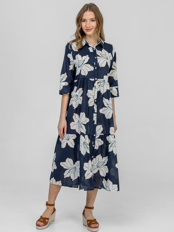 BOMULDSKJOLE MED BLOMSTERPRINT OG 3/4-ÆRME