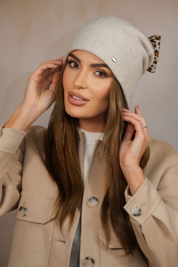 Vinter uldhue med leopardsløjfe, beige Kamea-Kiku