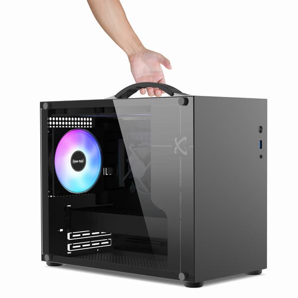 Micro ATX-datorchassi, bärbart chassi, RGB-fläktar, glas, svart. Modell PV100-chassi