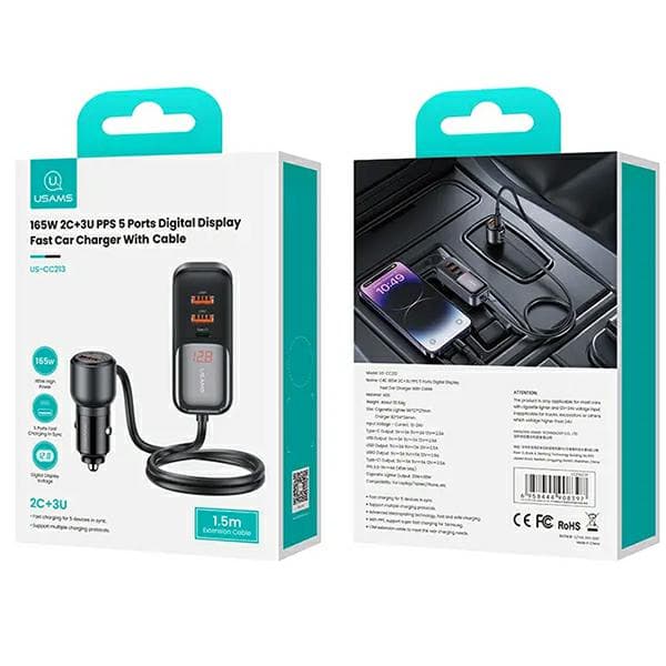 USAMS C40 Biloplader 3xUSB+2xUSB-C 165W PD+QC Hurtigopladning Sort