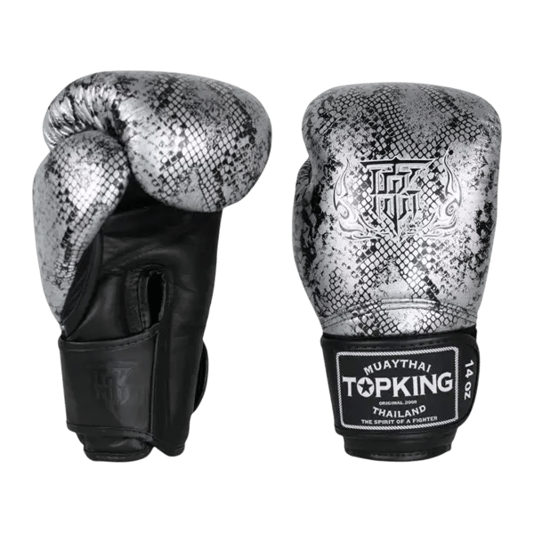 Top King Super Star Snake Muay Thai Boksehandsker Sort/Sølv 14OZ