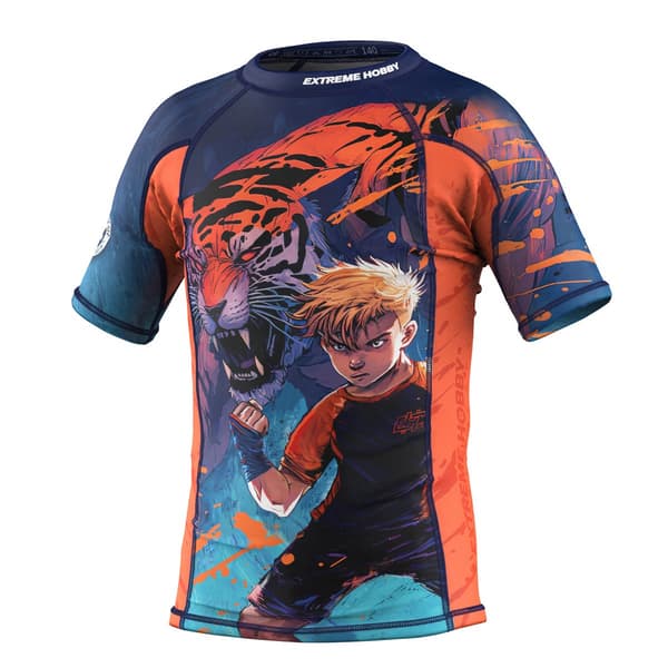 Kortärmad rashguard barn TIGER 152 BLÅ