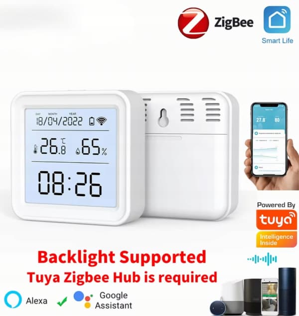 Zigbee TEMPERATUR- OCH FUKTIGHETSSENSOR 24-timmarsklocka ZIGBEE LCD-display