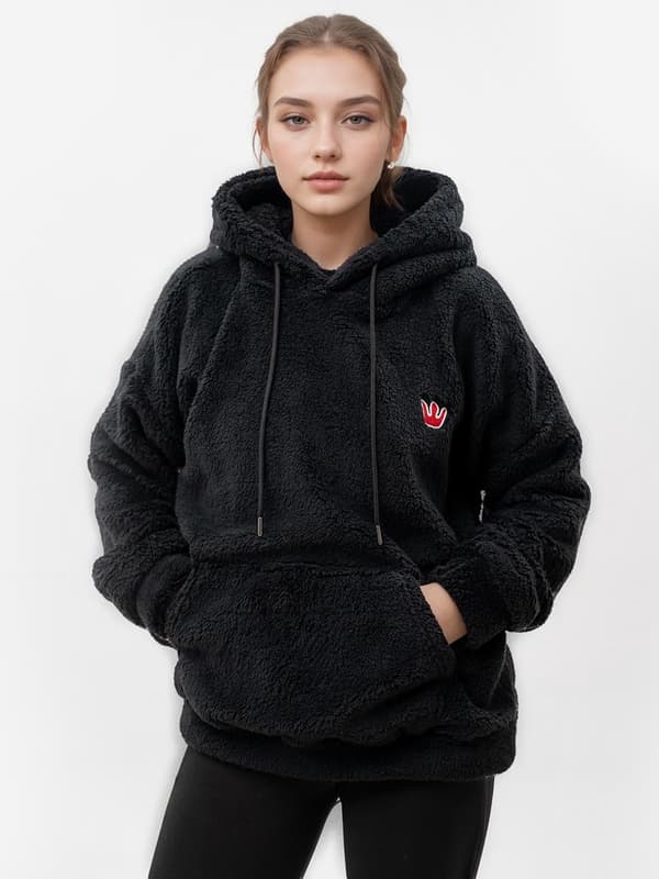 Dame Oversize Sort Teddy Simple Crown Sherpa Hættetrøje S
