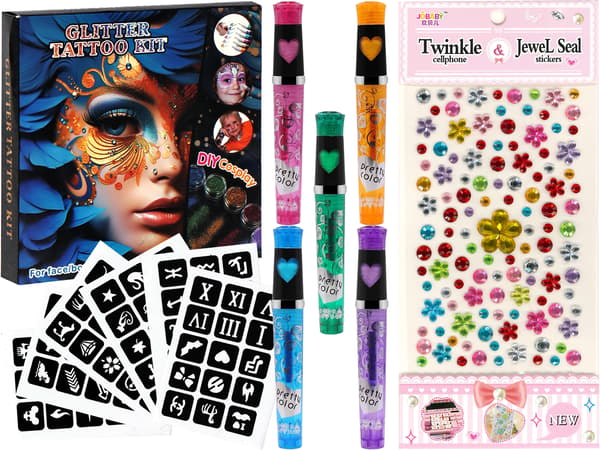 Glitter-tatuointipakkaus, glitter-tatuointisapluunat, tarrat