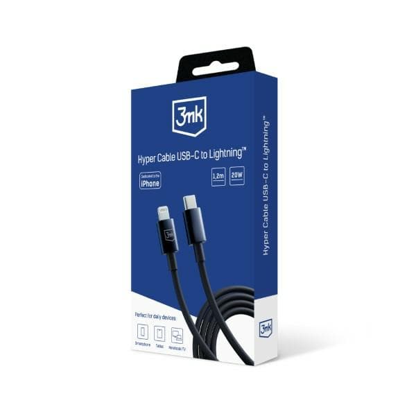 3mk Hyper Cable USB-C - Lightning -lataus- ja siirtokaapeli, 20W, 1.2m, musta