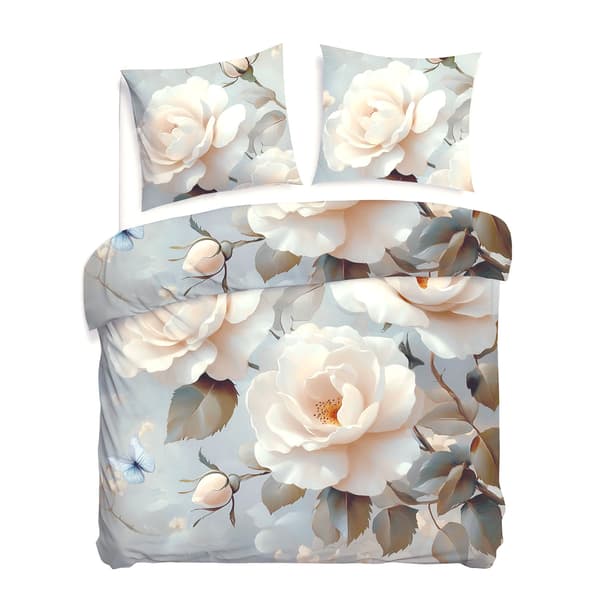 Bäddset 180x200 BOMULL SATIN digitaltryck blommor vit ros