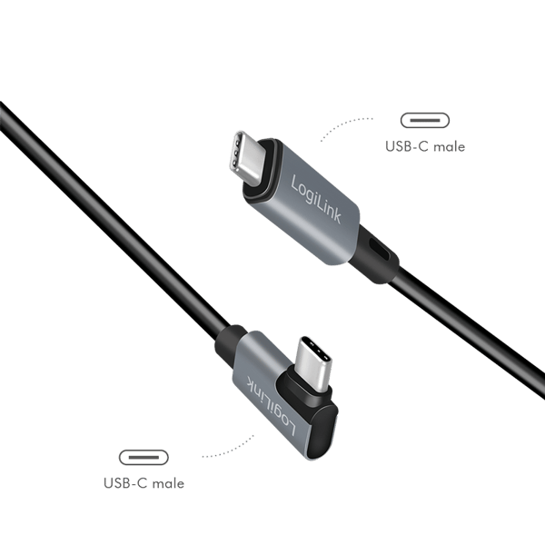 LogiLink USB-C 90° PD 100W-kabel - 2m, E-märkt, snabb överföring, laddning