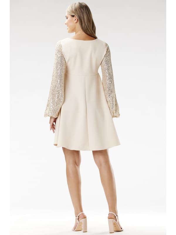 A-formet minikjole med pailletterede ærmer, beige S