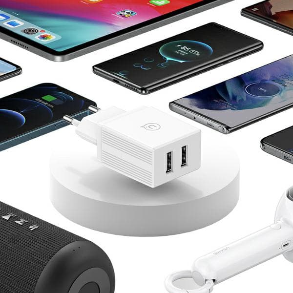 USAMS 2xUSB 18W väggladdare + Lightning/USB-A snabbladdningskabel vit