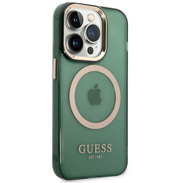 Guess Gold Outline Translucent MagSafe-etui til iPhone 14 Pro Max, grøn