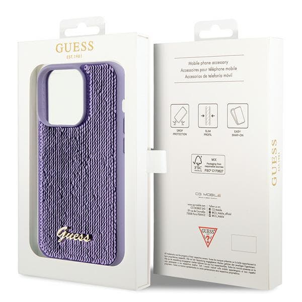 Guess Sequin Script Metallskal till iPhone 15 Pro, Lila