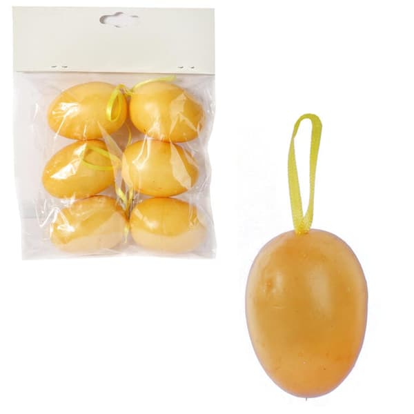 Sæt med 6 plastikpåskeegg til ophængning, gule, 6,5 cm