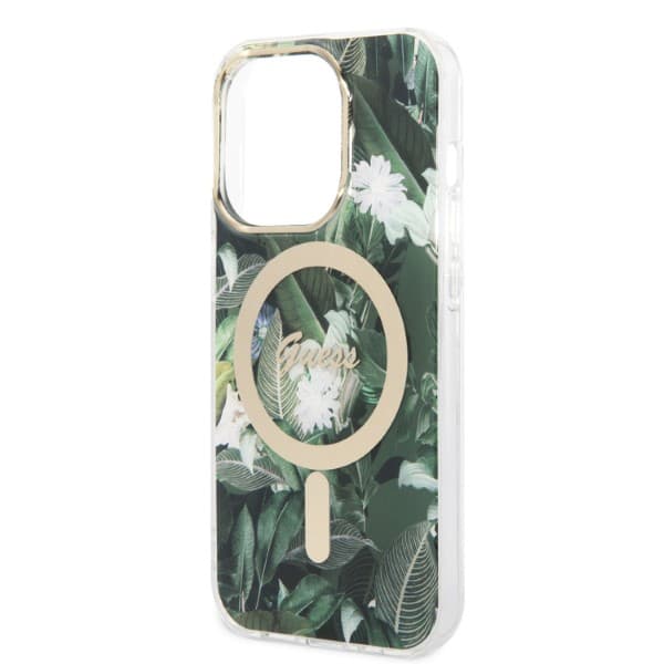 Guess Jungle MagSafe-etui + opladersæt til iPhone 14 Pro Max, grøn