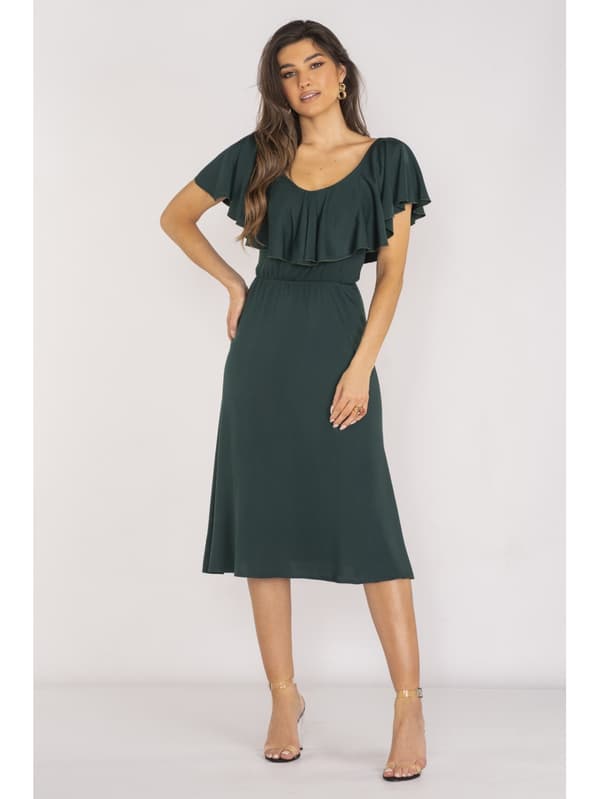 Elegantti V-aukkoinen viskoosimidimekko, pullonvihreä S