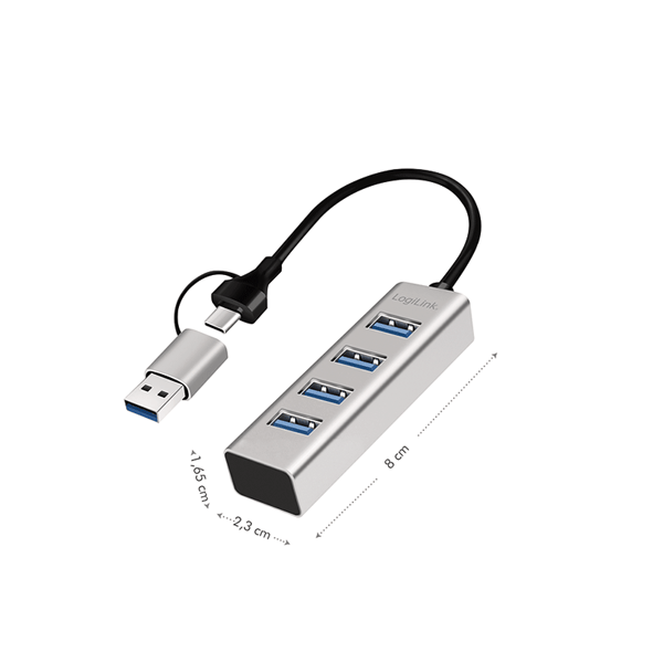 LogiLink USB 3.0-splitter 4x USB-A med 2-i-1 USB-A/USB-C 5 Gbps-kabel Silver
