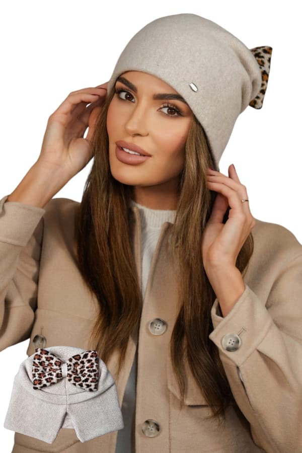 Vintermössa i ull med leopardrosé, beige Kamea-Kiku