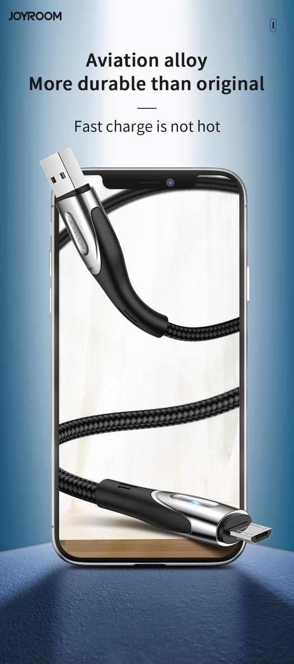 USB-A - microUSB 3A-kabel med laddningsindikator, 2m svart