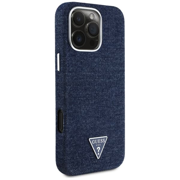 Guess Denim Triangle Logo MagSafe -kotelo iPhone 16 Prolle, sininen