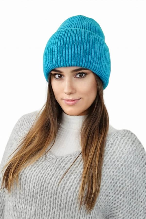 ALMA vinterfluffy hue med striber, turkis farve