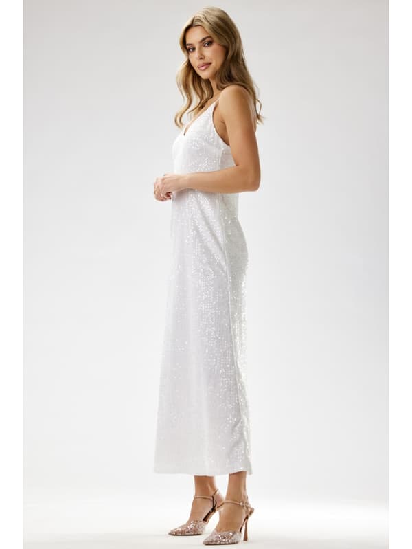 Paillette maxi aftenkjole med stropper, ecru S
