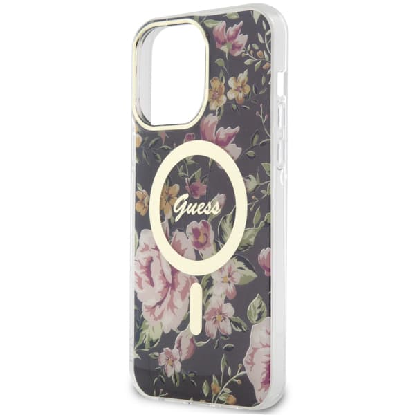 Guess Flower MagSafe -kotelo iPhone 14 Pro Maxille, musta