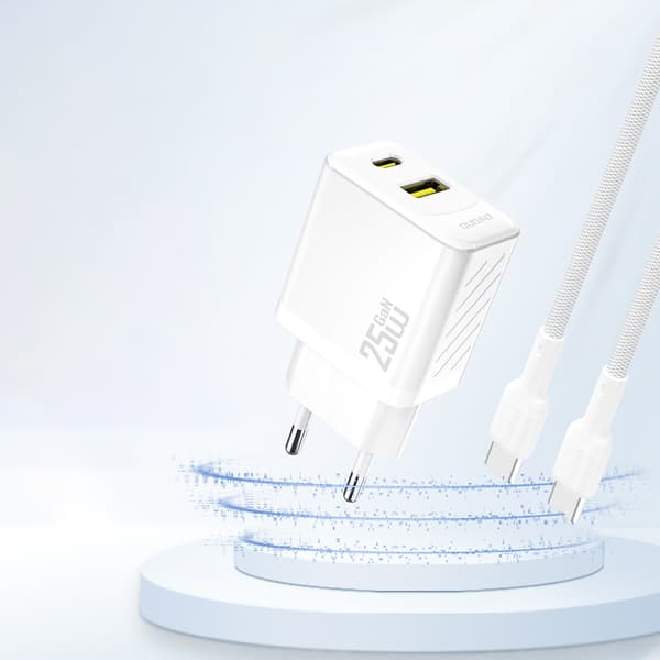 25W Nopea Seinälaturi USB-A USB-C - Valkoinen
