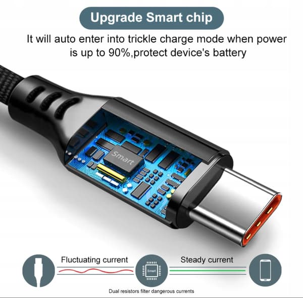 Musta 8 metrin 6A USB-A - USB-C -kaapeli, 8 m. 6 ampeeria