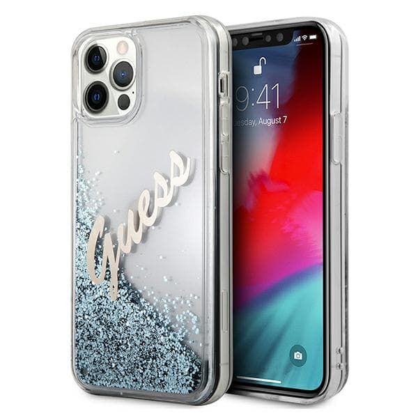 Guess Glitter Vintage Script-skal till iPhone 12 Pro Max, Blå