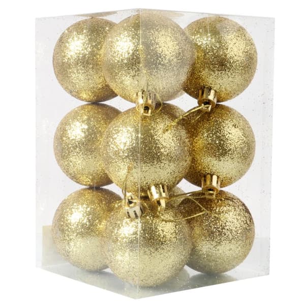 Set med 12 guldglitterjulkulor, 6 cm