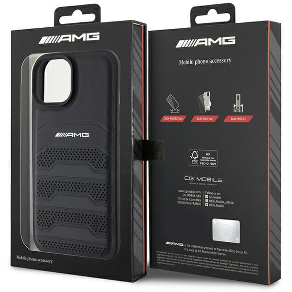 AMG lædercover med prægede linjer og sort logo til iPhone 15 Plus, sort
