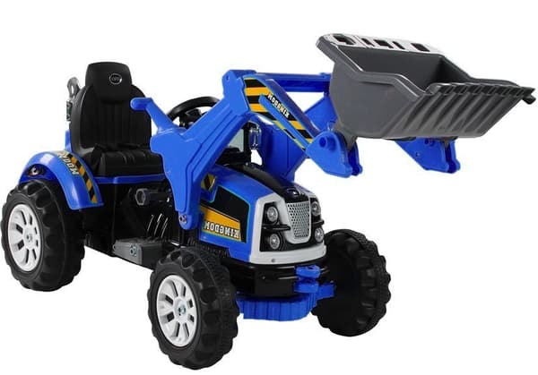 Batteridriven traktor med grävmaskinsskopa blå