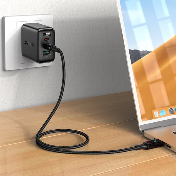 Flettet kabel med LED-skærm til iPhone MFI USB-C - Lightning 1,2m 30W 3A Sort